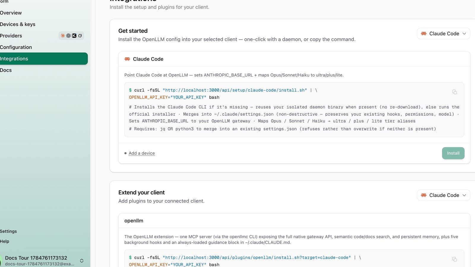 The Integrations page: one-click install or copy the command