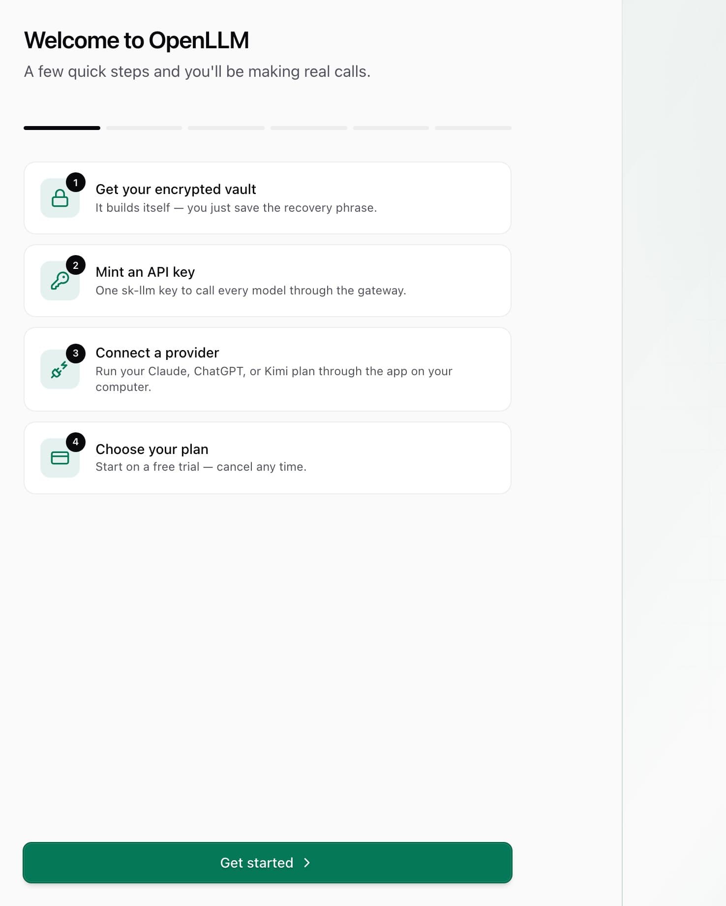 The onboarding wizard: vault, API key, provider, plan