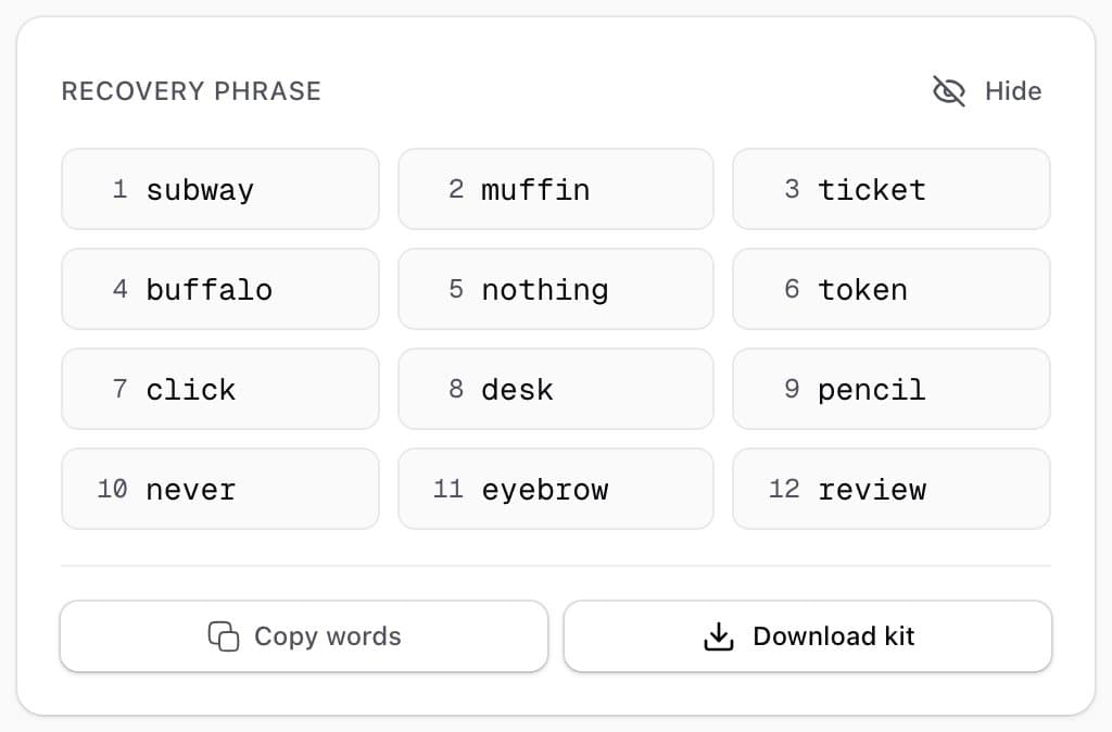 Your vault is created: the twelve-word recovery phrase